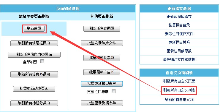 更改帝国CMS数据更新中的刷新首页为刷新所有自定义列表的教程
